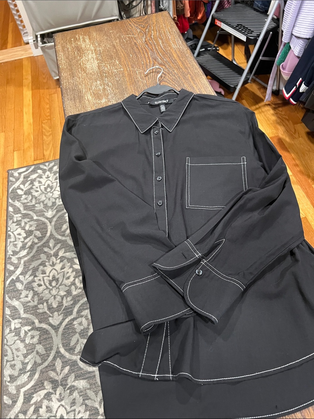 Ellen Tracy Black Button-Down Shirt with White Contrast Stitching